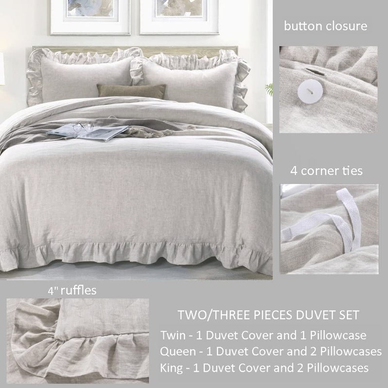 MEADOW PARK 100% Stone Washed Linen Duvet Cover Set 3 Pieces, Queen Size 90 inches x 92 inches, Shams 20 inches x 26 inches, Ruffled Style, Button Closure, Corner Ties, Super Soft, Solid Natural color - Image 3